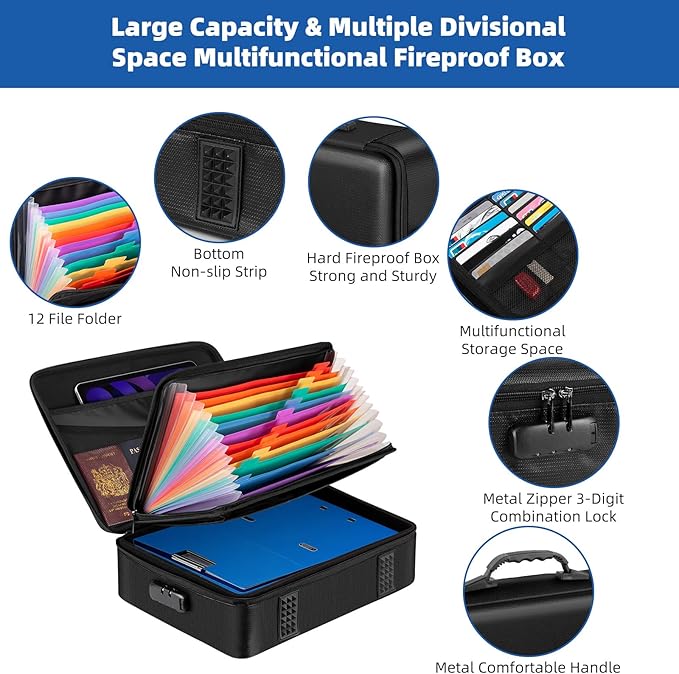 Fireproof Document Box with Lock, Durable Hard Case File Organizer Fire Safe Box, Hard-Shell Design Waterproof Fireproof Safe