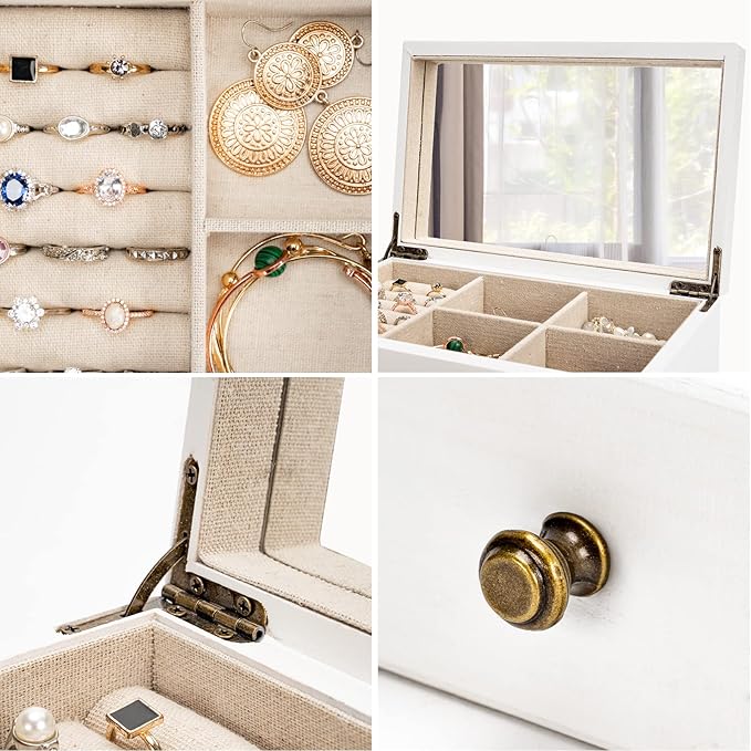 Meangood Jewelry Box Organizer for Women, 2 Layer Large Jewelry Storage Case, Rustic Wooden Jewelry Box with Mirror & Ring Tr
