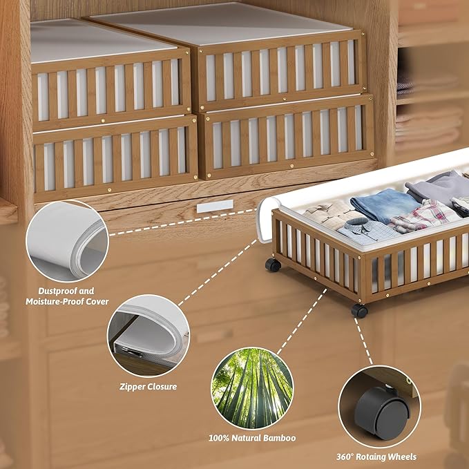 Bamboo Under Bed Storage Containers with Wheels, 2 Pack Large Under the Bed Shoe Storage Bins, Wood Rolling Underbed Drawers 