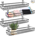 4 Pcs 15.75 x 3.94 x 1.97 Inch Metal Grid Wall Baskets with Hooks Grid Wall Shelves Hanging Wire Basket Multi Function Storag