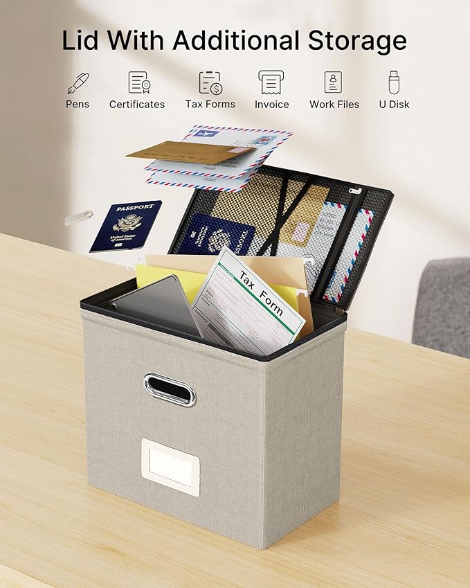 Oterri File Organizer Boxes with Lids, File Box with Mesh Pockets, Document Organizer Box for Letter Size Folders, Zippers Im