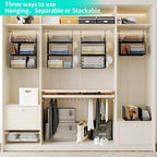 HapiRm Hanging Closet Organizer Storage - 3 Tier Metal Stackable Hanging Closet Shelves with Dividers and S Hooks, Foldable C