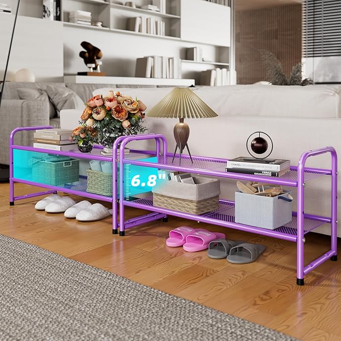 SUFAUY 2-Tier Mesh Shoe Rack, Closet Metal 33" Wide Shoe Shelf Heavy Duty, Purple
