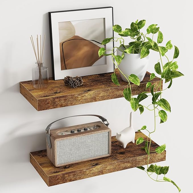 Deep Floating Shelves - 16" W x 9.3" D x 1.6" H Rustic Brown Wall Shelf - Wall Mounted Shelves for Decor & Storage - Wooden S