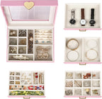 Kendal Jewelry Box, 5-Layer Jewelry Organizer Box with Glass Lid, Pink, Heart Shaped PU Leather, Storage Box for Necklace Ear