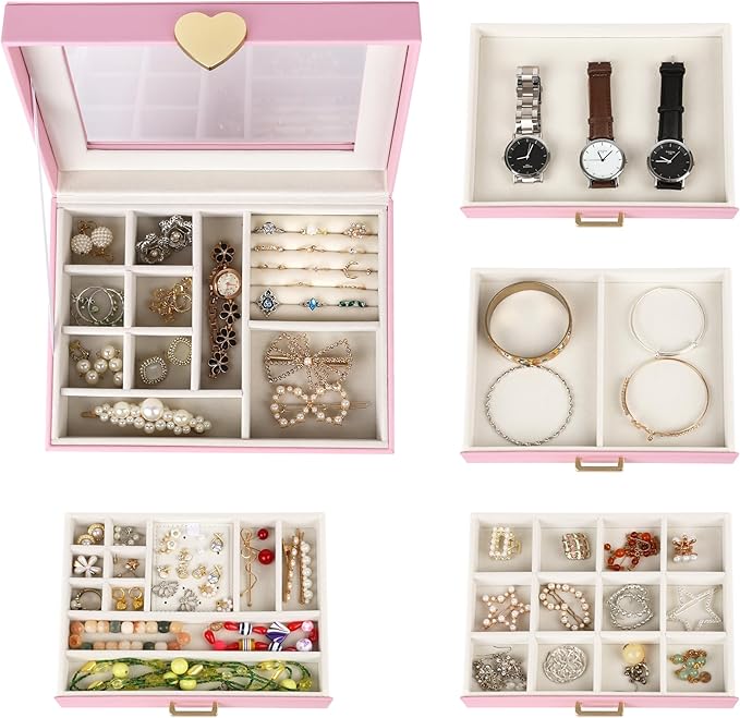 Kendal Jewelry Box, 5-Layer Jewelry Organizer Box with Glass Lid, Pink, Heart Shaped PU Leather, Storage Box for Necklace Ear