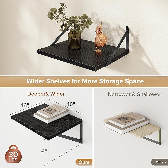Deep Floating Shelves Wall Mounted, 16"x12" Black Wall Shelves with Brackets Set of 2 for Bedroom, Living Room, Bathroom, Kit