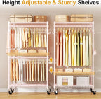 ULIFHOME P1 Rolling Closets with Wheels and Shelves, Portable Closet Wardrobe for Clothes Hanging, Pink Clothing Storage and 