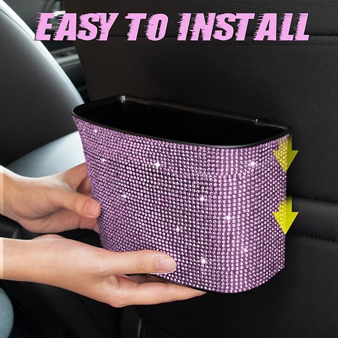 Bling Crystal Auto Trash Can, 100% Leak Proof Car Trash Bin with Storage Pockets, Hanging for Backside/Gearshift/Center Console, Pink
