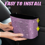Bling Crystal Auto Trash Can, 100% Leak Proof Car Trash Bin with Storage Pockets, Hanging for Backside/Gearshift/Center Console, Pink