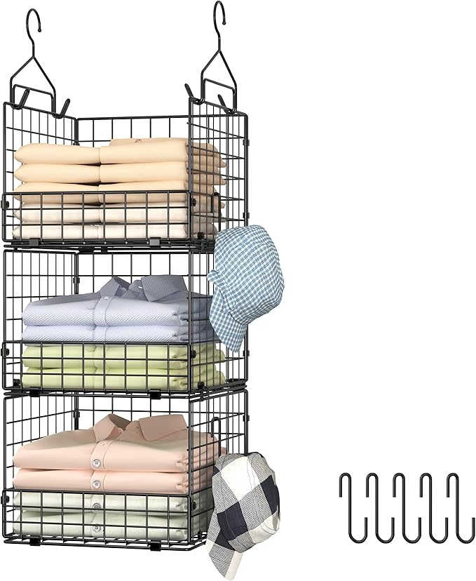 Sonyabecca 3-Tier Hanging Closet Organizer, Foldable Cabinet Wire Storage Basket Bins with 5 S Hooks, Closet Shelves & Hangin