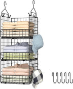 Sonyabecca 3-Tier Hanging Closet Organizer, Foldable Cabinet Wire Storage Basket Bins with 5 S Hooks, Closet Shelves & Hangin