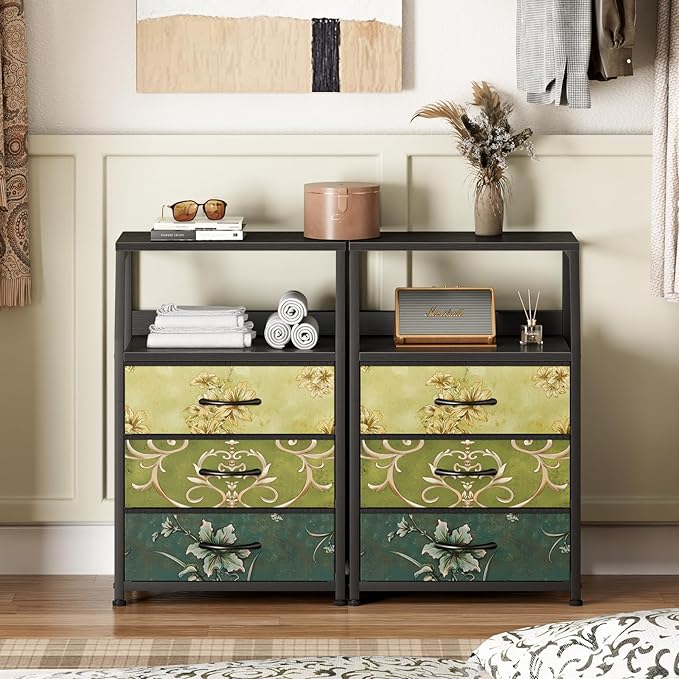 Furnulem Retro Night Stand with 3 Drawers and 2-Tier Shelf, Small Nightstand Side Table, Vintage Storage Dresser for Bedroom,
