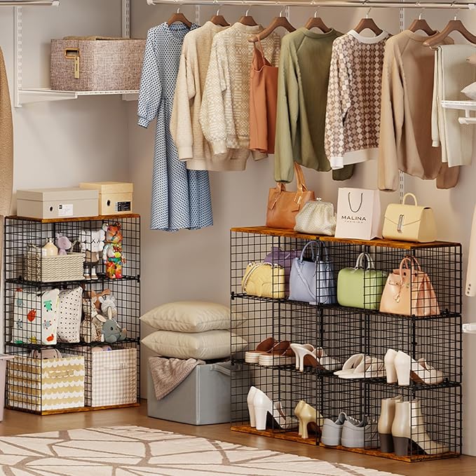 Wire Cube Closet Organizer and Storage Shelf with Extra Woodtop, 11.8“ Sturdy 6 Cube Storage Organizer Shelf, Modular Cubby S