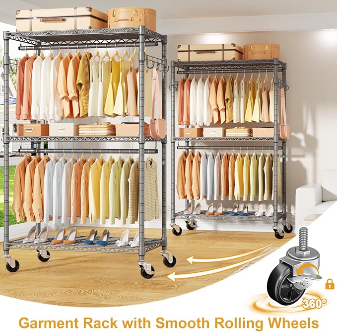 ULIFHOME P1 Rolling Clothing Rack with Lockable Wheels, Heavy-Duty Garment Rack for Hanging Clothes, Portable Closet Wardrobe