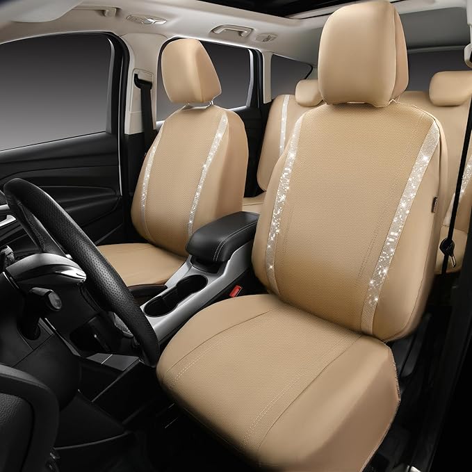 CAR PASS Bling Diamond Car Seat Covers Full Set, Shining Glitter Rhinestone Waterproof Faux Leather Interior Sets Universal Fit Automotive Glitter Crystal Sparkle Strips for Cute Women Girl, Beige