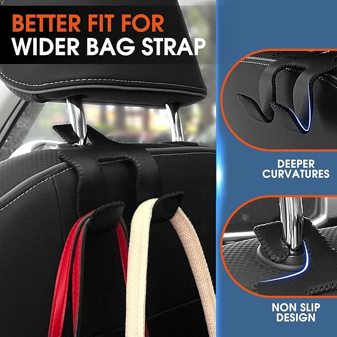 Car Headrest Hooks for Purses and Bags, Upgraded 2 in 1 Cars Back Seat Head Rest Hanger Vehicle Leather Organizer Storage Holder Hook Matching Cars Interior, 1-Pack, Black