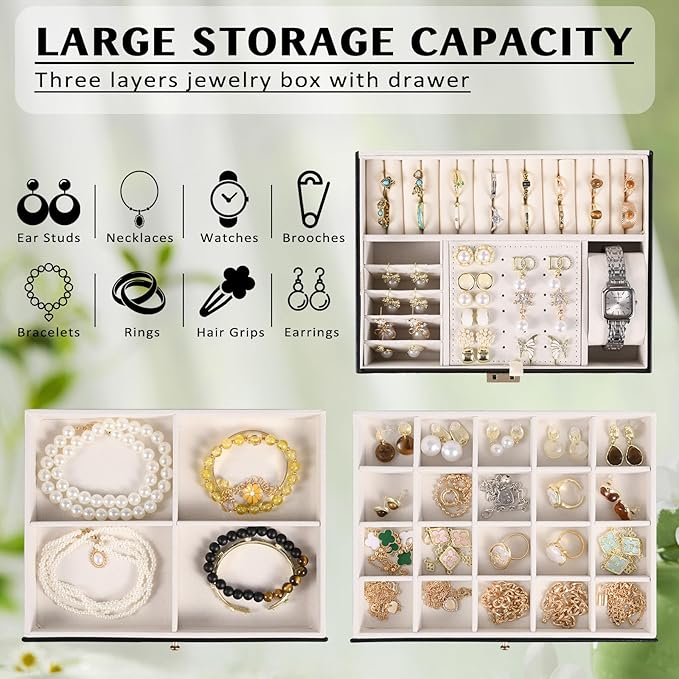 3 Layer Jewelry Boxes for Women with Mirror Large Jewelry Holder Organizer with 2 Jewelry Organizer Drawer PU Lockable Elegan
