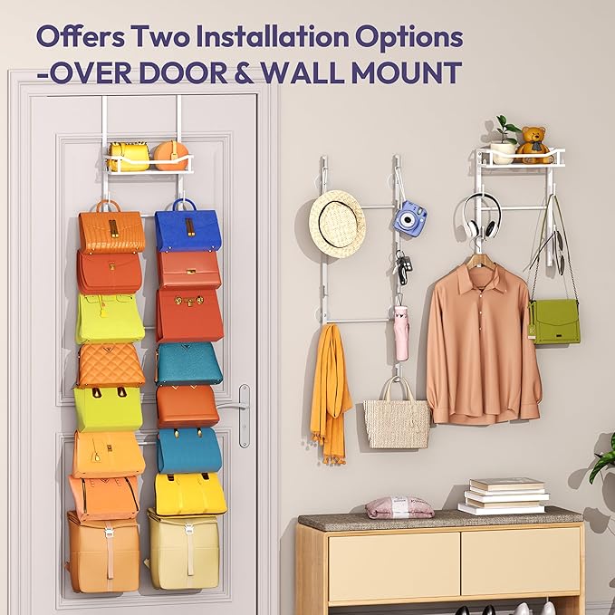 SWTYMIKI Over The Door Purse Organizer - Wall Mounted Purse Rack with 16 Hooks and Metal Basket, Handbag Hanger Organizer Hol