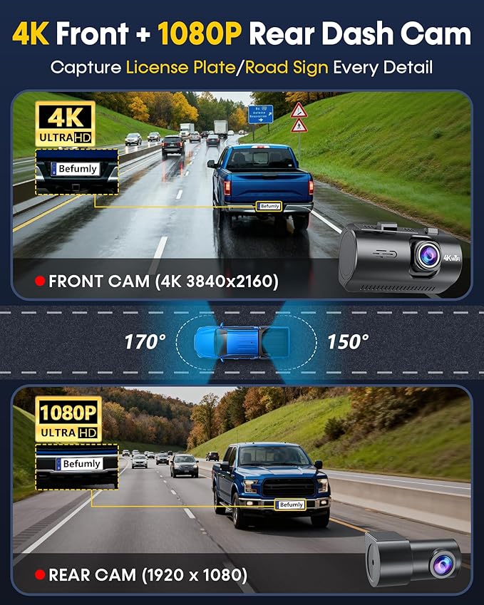 Front and Rear Dash Cam for Truck: 4K+1080P Dual Dash Camera for Pickup Ford F150 F250 Ram 1500-5G WiFi Quick Video Access 15