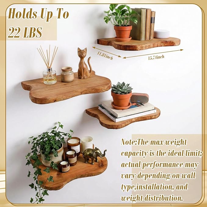 Pinkunn 4 Pcs Floating Shelves for Wall Wooden Live Edge Shelf Wall-Mounted Natural Solid Wood Bedroom Kitchen Storage Living