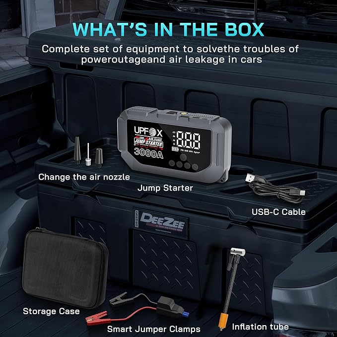 3000A Jump Starter with Air Compressor 12V, 44.4Wh Portable Car Jump Starter for 8.0L Gas & 6.0L Diesel Engines, 150PSI Tire