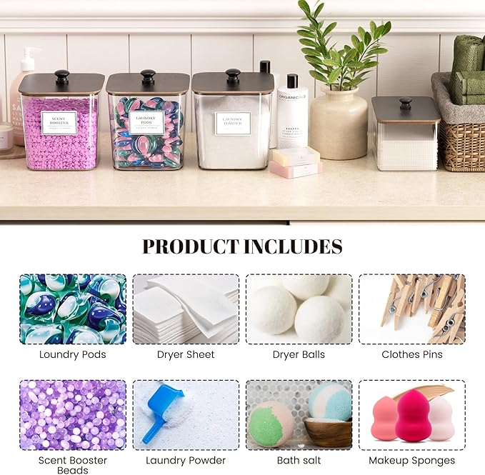 Laundry Pods Storage Container, Clear Laundry Room Organization and Storage,Detergent Powder Container,with Wooden Lids & Lab