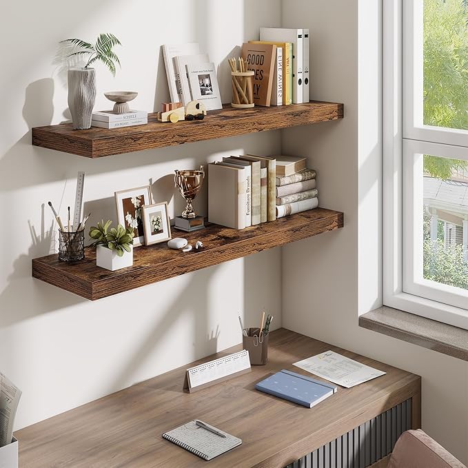 Fun Memories Floating Shelves Set of 2, 40 Inch Long Wooden Wall Shelves, 10 Inch Deep Wall Mounted Storage Shelf with Metal 