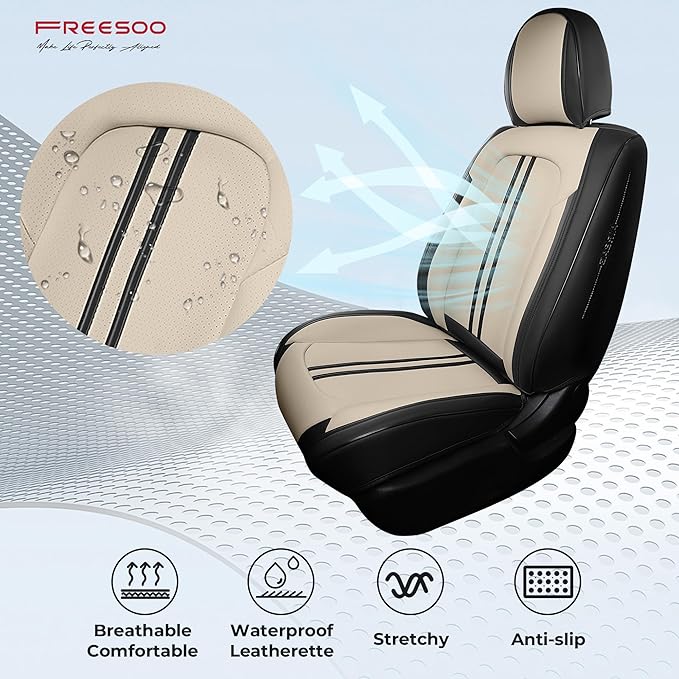 FREESOO Front Seats 2PCS Leather Car Seat Covers, Ultra Breathable Waterproof Seat Covers for Cars Trucks SUV, Carseat Protec