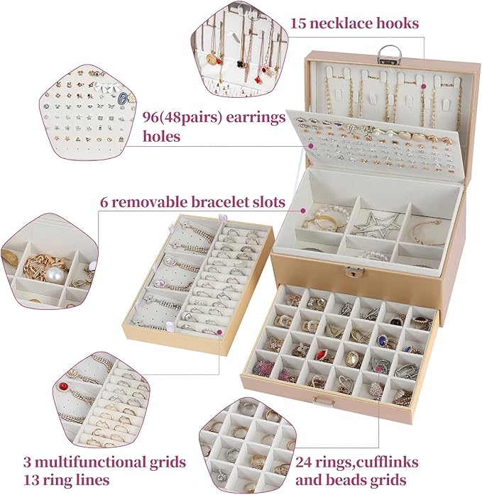 BOOVO Earring Jewelry Box For Women Girl Stud Organizer, 5 Layers Girl Jewelry Organizer Box With Lock Earring Holder Organiz