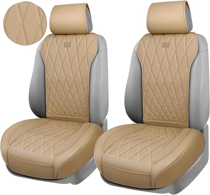 CAR PASS Luxury Nappa Leather Front Car Seat Covers, Sideless Car Seat Protectors with Storage Pocket, Non-Slip Automotive Se