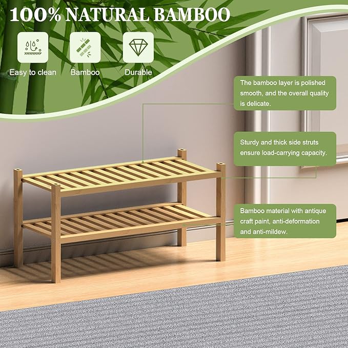 ROMGUAR CRAFT (Thick Bamboo Shoe Rack for Entryway, 2-Tier Free Standing Shoe Racks Stackable Shoe Rack Organizer for Hallway