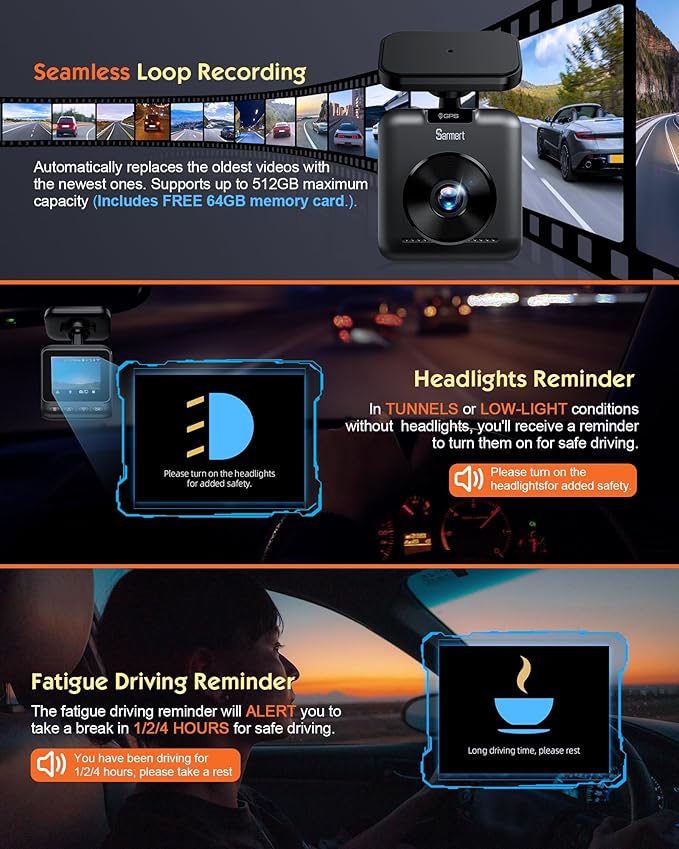 Sarmert C2 4K Dual Dash Cam Front and Rear - Built-in GPS and 5G WiFi, Free 64GB Card Included, 4K UHD Dash Camera for Cars, 