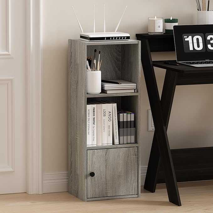 Furinno LUDER Book Shelf, 3-Tier Modern Bookshelf, Bookcase with 1 Door Storage Cabinet, 9.3 x 12 x 31.5, for Organization an
