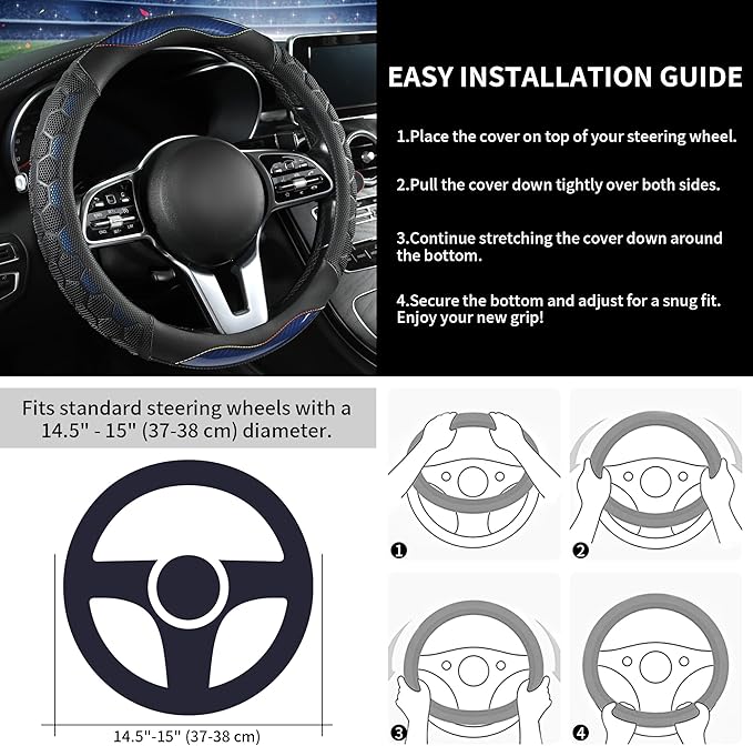 PU Leather Steering Wheel Cover 14.5-15 Inch, Carbon Fiber Style Grip, Non-Slip & Breathable, Universal for Sedan SUV Truck V