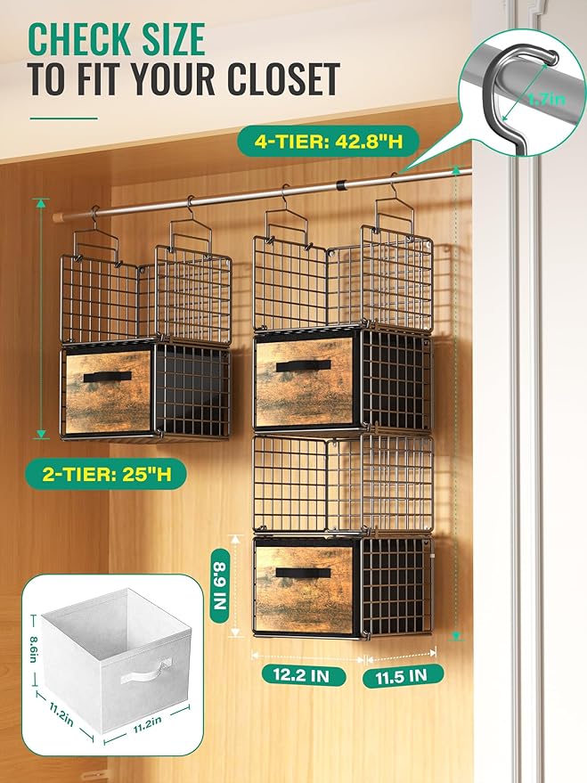 Hanging Closet Organizer with Drawers, 4 Tier Metal Closet Organizers and Storage with 4 Hanging Hooks 4 S-Hooks for Wardrobe