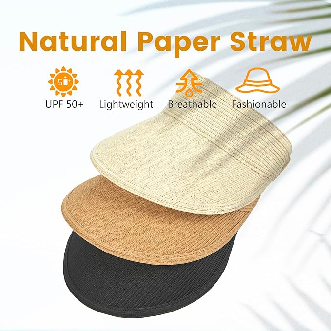 Sun Visor Hat for Women, Wide Brim Straw Summer UV Protection Hat, Foldable Roll-up Packable Beach Cap