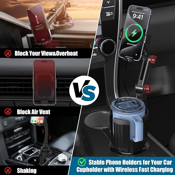 Wireless Car Charger Phone Mount Cup Holder, 3 in 1 15W Fast Charging Auto Clamping Cup Holder Expander for Car, Phone Holder