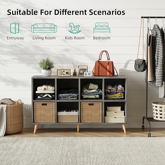 Flrrtenv 8-Cube Bookshelf 2 Tier Retro Bookcase with Legs, 11in Shelf Opening, 47" Wood Bookshelves Storage Organizer Shelf, 