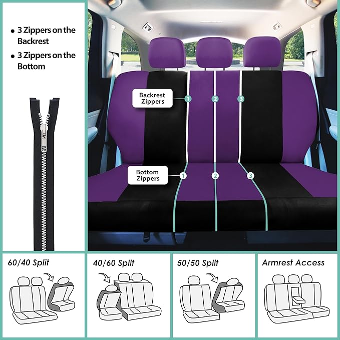 FH Group Car Seat Covers Rear Set Cloth - Universal Fit Automotive Seat Covers, Low Back Front Seat Covers, Solid Back Seat C