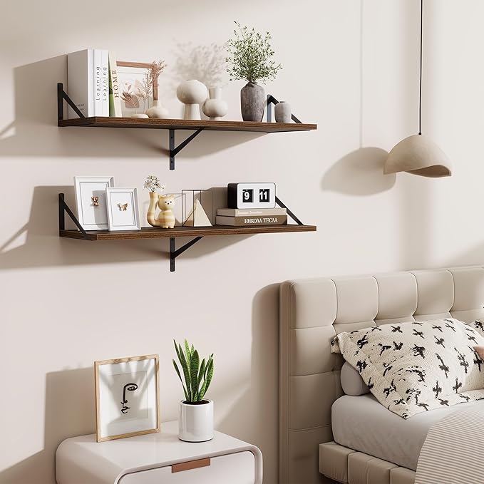 Walnut Deep Floating Shelves for Wall,36" Wx10 D Wood Wall Shelves with Metal Brackets,Hanging Storage Floating Shelf for Liv