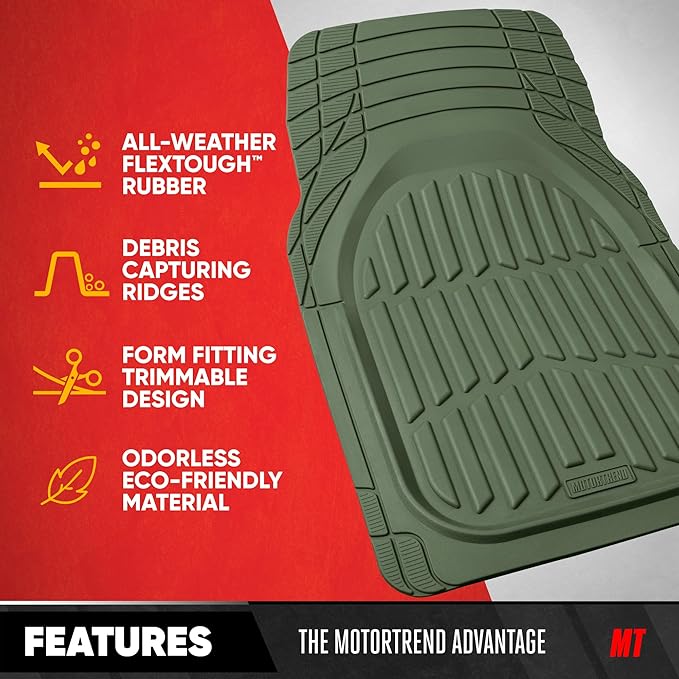 Motor Trend FlexTough LITE Rubber Car Mats Full Set - All Weather Floor Mats for Trucks, Cars & SUVs - Automotive Waterproof Green Car Floor Mats for Cars Interior Accessories Universal Trim-to-Fit