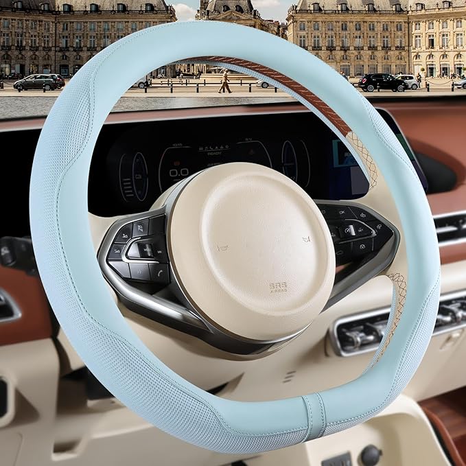 Nappa Leather Blue D Shape Steering Wheel Cover, Advanced Microfiber Leather Non-Slip Breathable Fabric, Warm in Winter and C