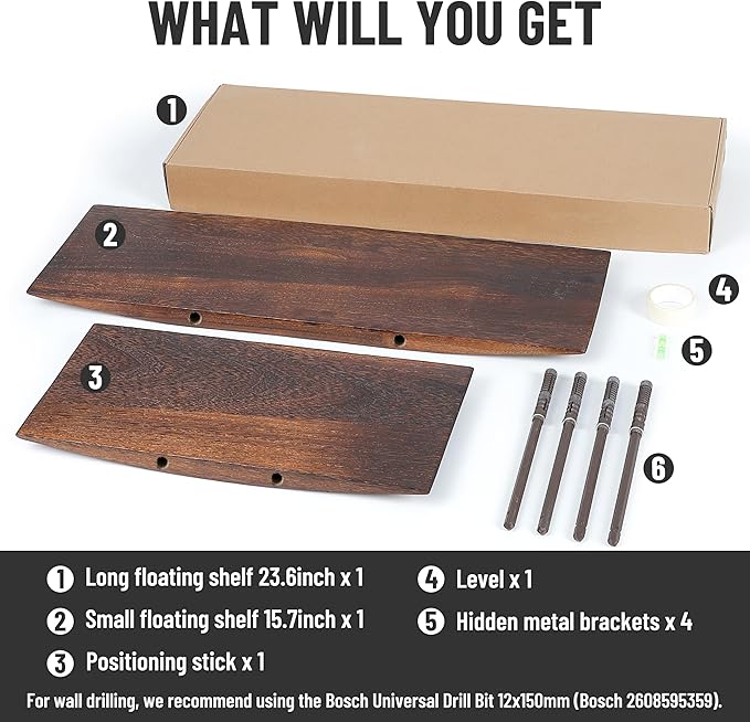 Floating Shelves for Concrete Wall: Solid Wood Shelf 15.75 and 23.6 inch with Heavy Duty Hidden Bracket for Display Books Pla