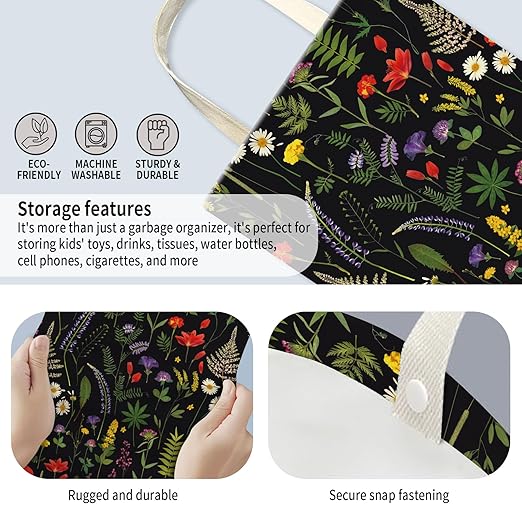 Car Trash Can, Hanging Garbage Bin for Men and Women, Cute Car Organizer and Storage Bag, Canvas Vehicle Trash Can Bag Easy-to-Install Cute Black Floral