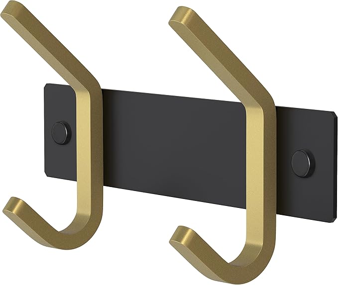 Small Coat Rack Wall Mount – Black and Gold Hook Rail with 2 Double Coat Hooks, 6 Inch Stainless Steel Wall Hooks for Entrywa