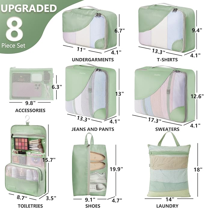 8 Set Packing Cubes for Travel, Gifts for Women Mom,Anti-Tearing Suitcase Organizer for Luggage with Shoe & Hanging Toiletry 