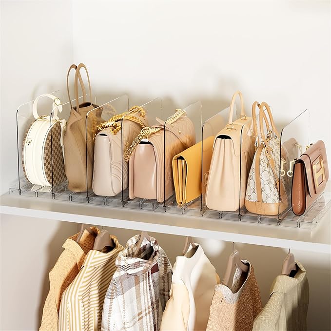 Bag & Purse Organizer for Closet Stackable Acrylic Shelf Dividers for Closet Organization, Clear Handbag Purse Storage Organi