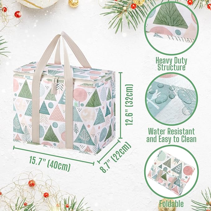 VENO 2 Pack Cooler Bag, Insulated Grocery Bags for Food Delivery, Collapsible Cooler, Reusable Shopping Bags for Groceries, Hard Bottom, Water Resistant, Zippered, Foldable (Pastel Forest, 2 Pack)