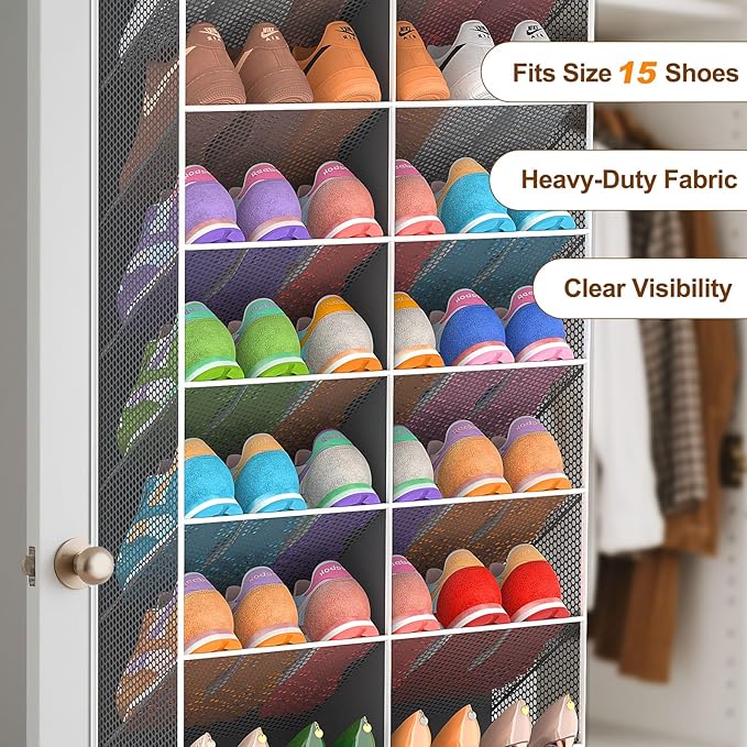 20-30 Pairs Over the Door Shoe Organizer, Breathable Mesh Pocket Hanging Shoe Storage for Closet, 10-Tier Door Shoes Rack, Ha